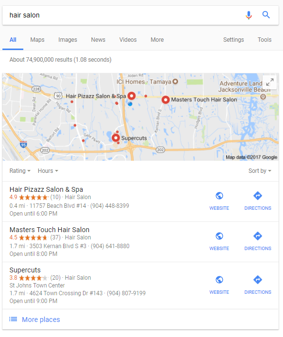 hair salon local organic search results Google maps 3 pack