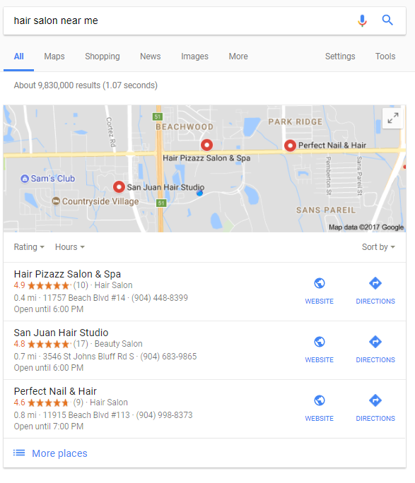 hair salon near me local organic search results maps Google 3 pack