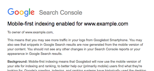 Google search console mobile first index notice about smartphone bot