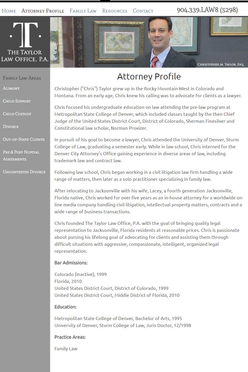 Old about page Taylor law website non responsive layout