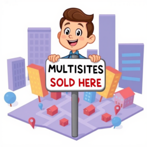 a cartoon character holding a sign that says WordPress Multisites Sold Here